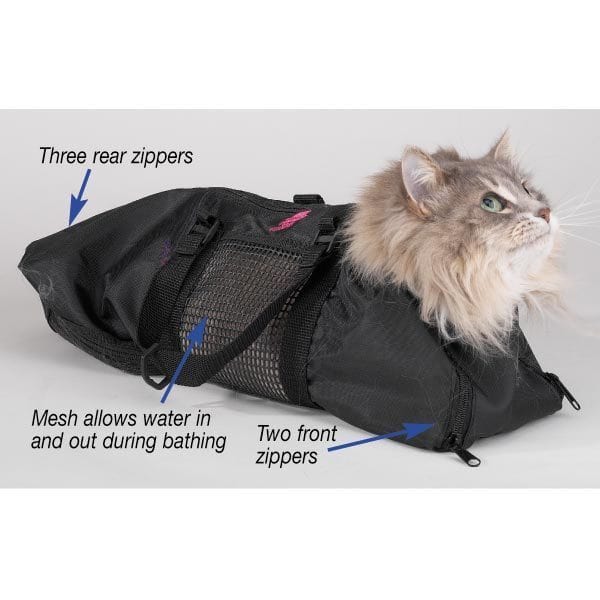 Sac de bain pour animaux avec mesh et zippers, idéal pour baigner chats et petits chiens, confort et durabilité.