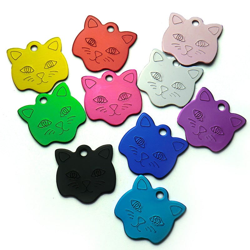 Médaille en aluminium en forme de tête de chat disponible en plusieurs couleurs pour animaux, collier, accessoires pour animaux.