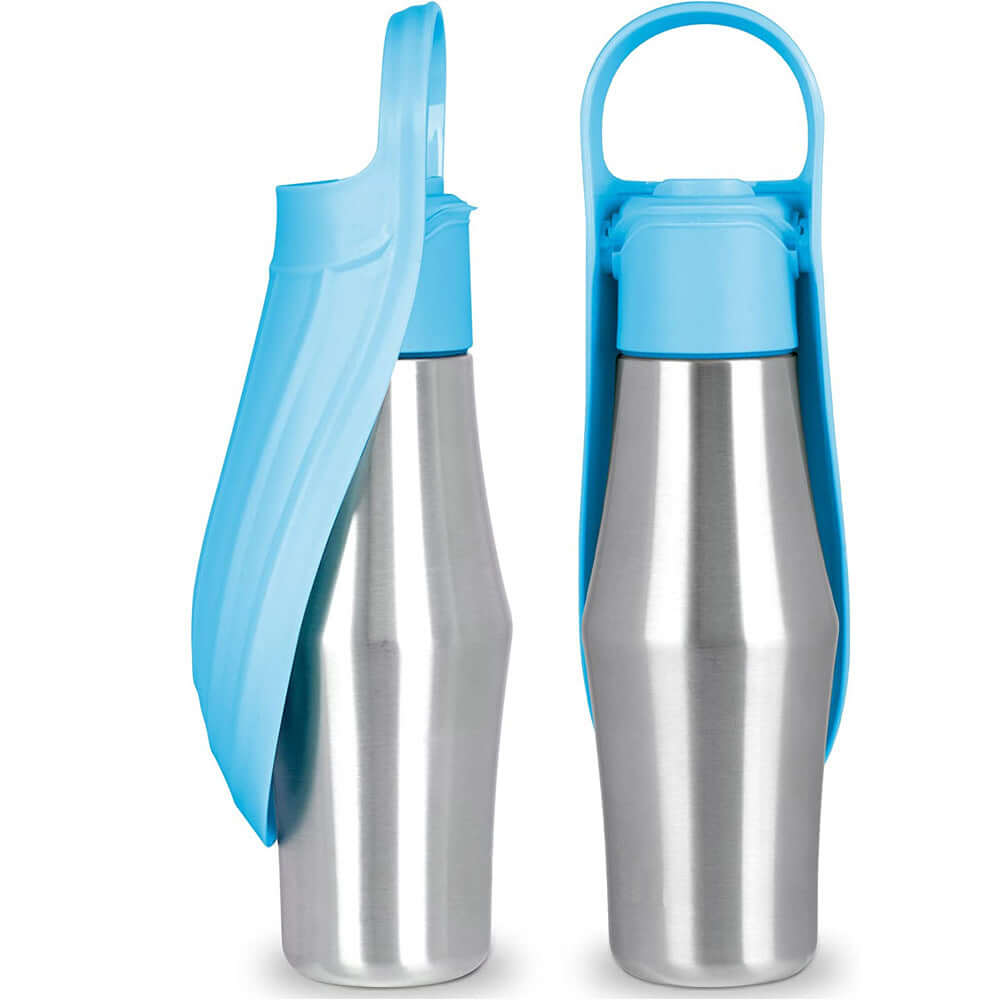 Bouteille d'eau portable en silicone et acier inoxydable pour chiens, design élégant et pratique pour animaux.