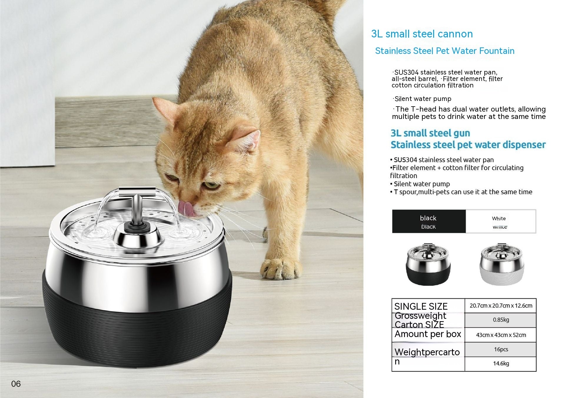 Chat buvant de l'eau dans un distributeur d'eau pour animaux en acier inoxydable de 3L.