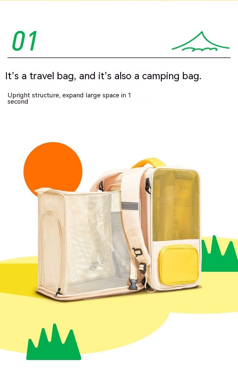 Sac à dos polyvalent pour animaux de compagnie, idéal pour les voyages et le camping, avec espace extensible.