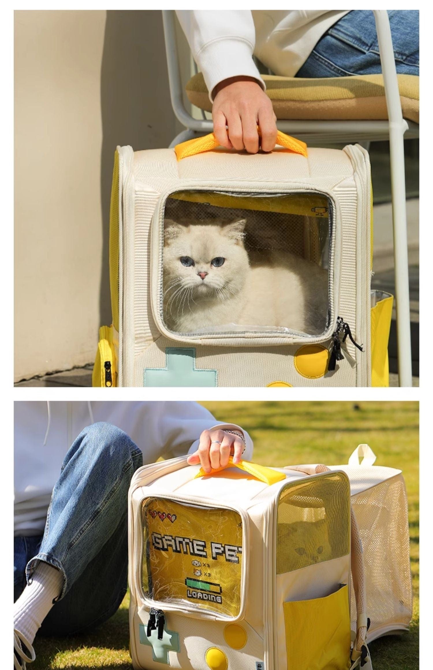 Sac à dos rétro Purlab pour chat avec vue transparente, couleur crème et jaune.