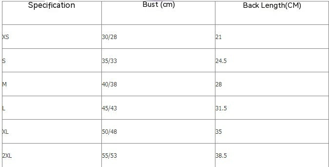Table displaying size specifications for Gilet Été Minou, including bust and back length measurements in cm.
