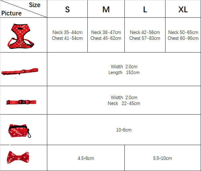 Size chart for Jarre Aero Bull dog and cat harness, including neck and chest measurements in centimeters.