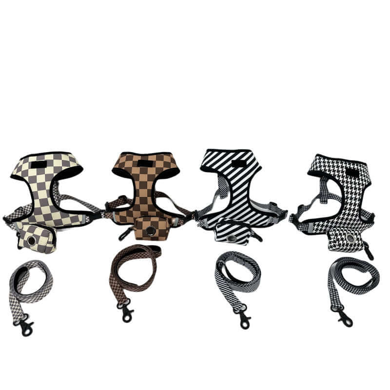 Harnais Jarre Aero Bull pour chiens et chats en motifs damier et rayures, avec laisses assorties.