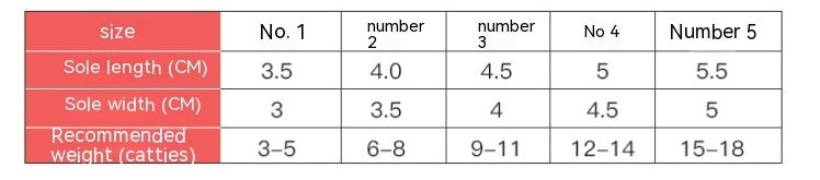 Size chart for dog shoes detailing sole length, width, and recommended weight.