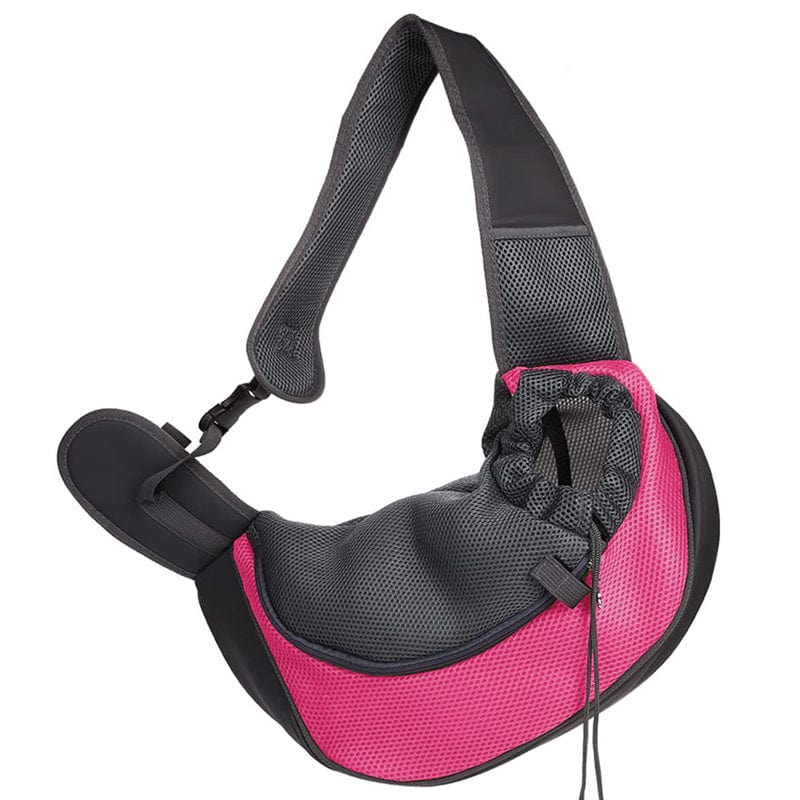 Sac à bandoulière respirant pour chiots, léger en noir et rose, idéal pour le confort animal.