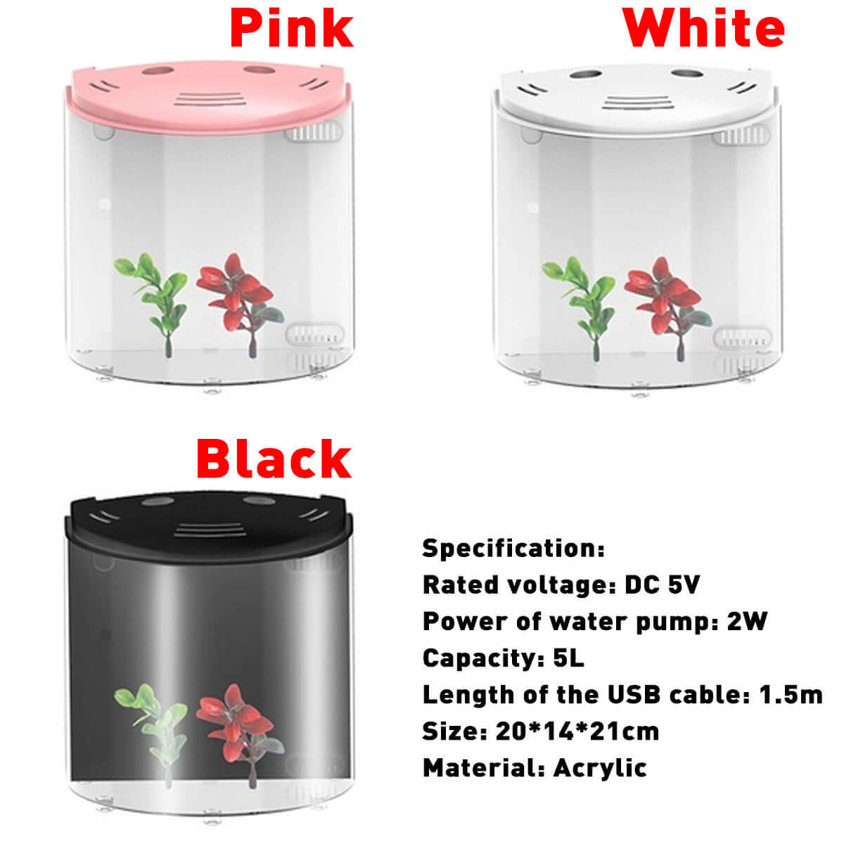 Aquarium écologique en acrylique disponible en rose, blanc et noir, idéal pour amateurs de poissons avec une capacité de 5L.