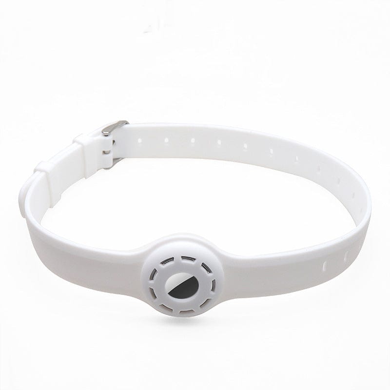 Collier antichute en silicone blanc pour animaux, design élégant avec support pour tracker Airtag.