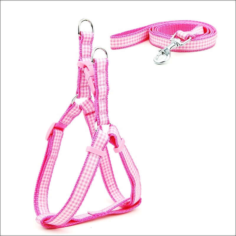Laisse pour animaux à pois avec harnais en rose, adaptée aux chiens de petites et moyennes tailles, design élégant.