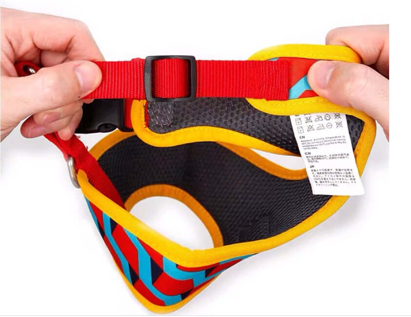 Harnais de sortie en polyester pour chien, confortable et coloré, avec fermeture réglable.