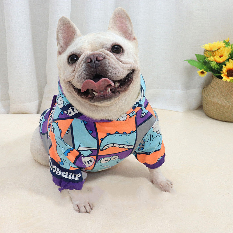 Charming dog in a colorful dinosaur hoodie, showcasing warmth and style for pets on cold days.