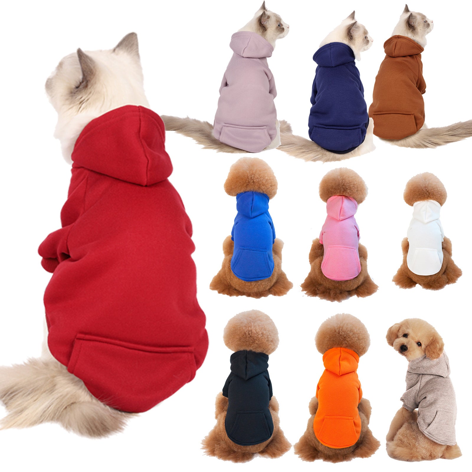 Vêtements en fleece colorés pour chiens petits et moyens avec capuche, offrant confort et style.