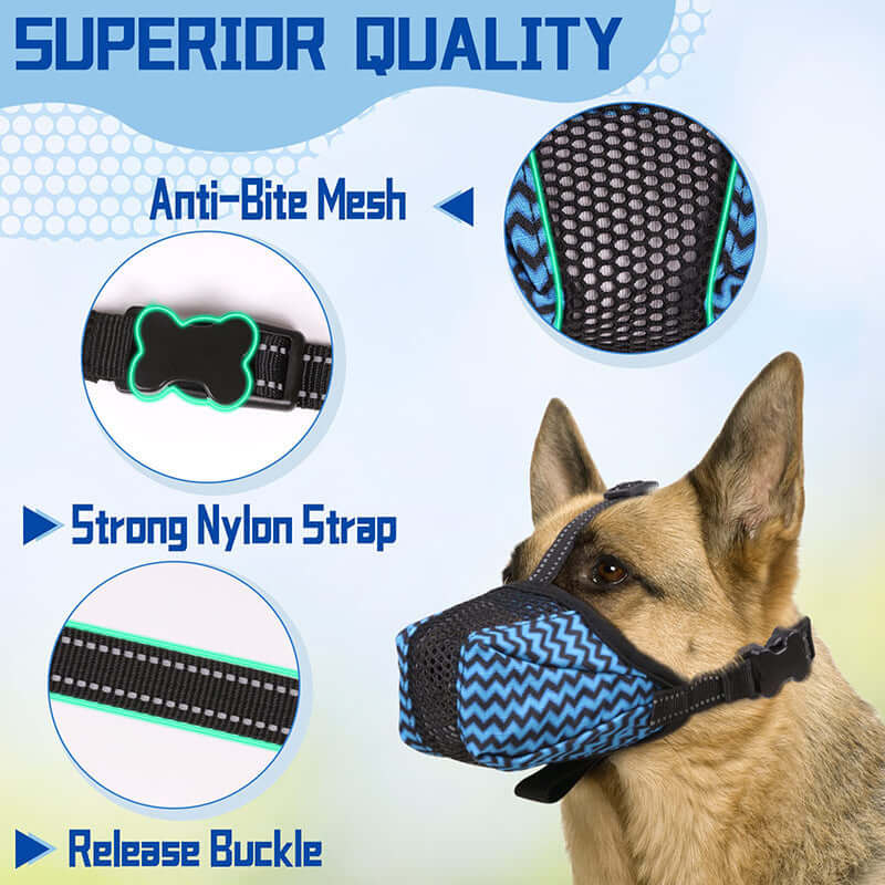 Muselière en maille aérée pour chiens, design anti-morsure, sangle en nylon et boucle de libération.