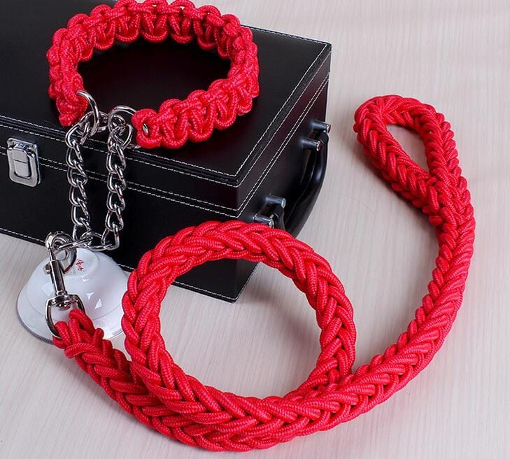 Collier et laisse rouge en tresse pour chien, fabriqué en coton, confortable et sécurisé pour les balades.