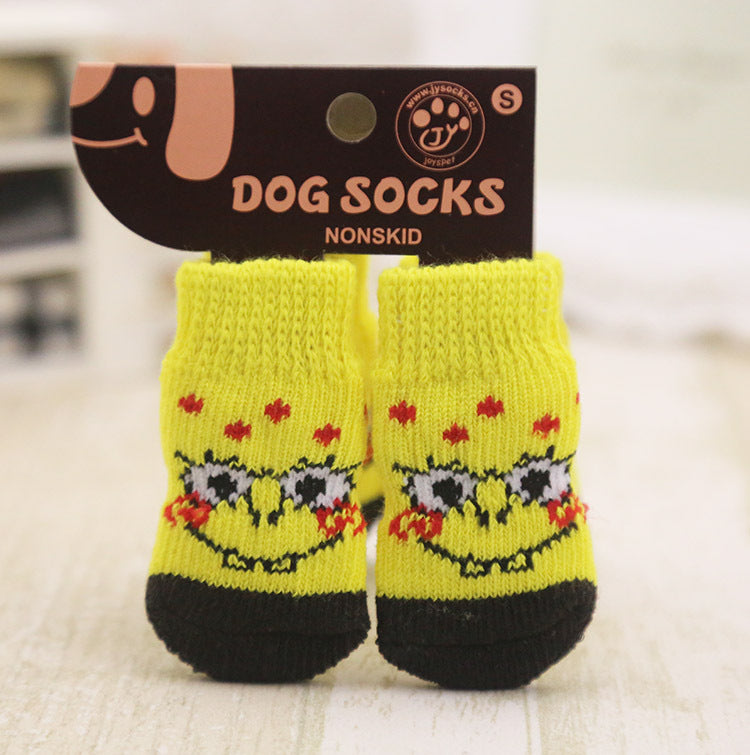 Chaussettes pour chiens jaunes avec motif sourire, non glissantes, ensemble de 4, confort et protection pour pattes.