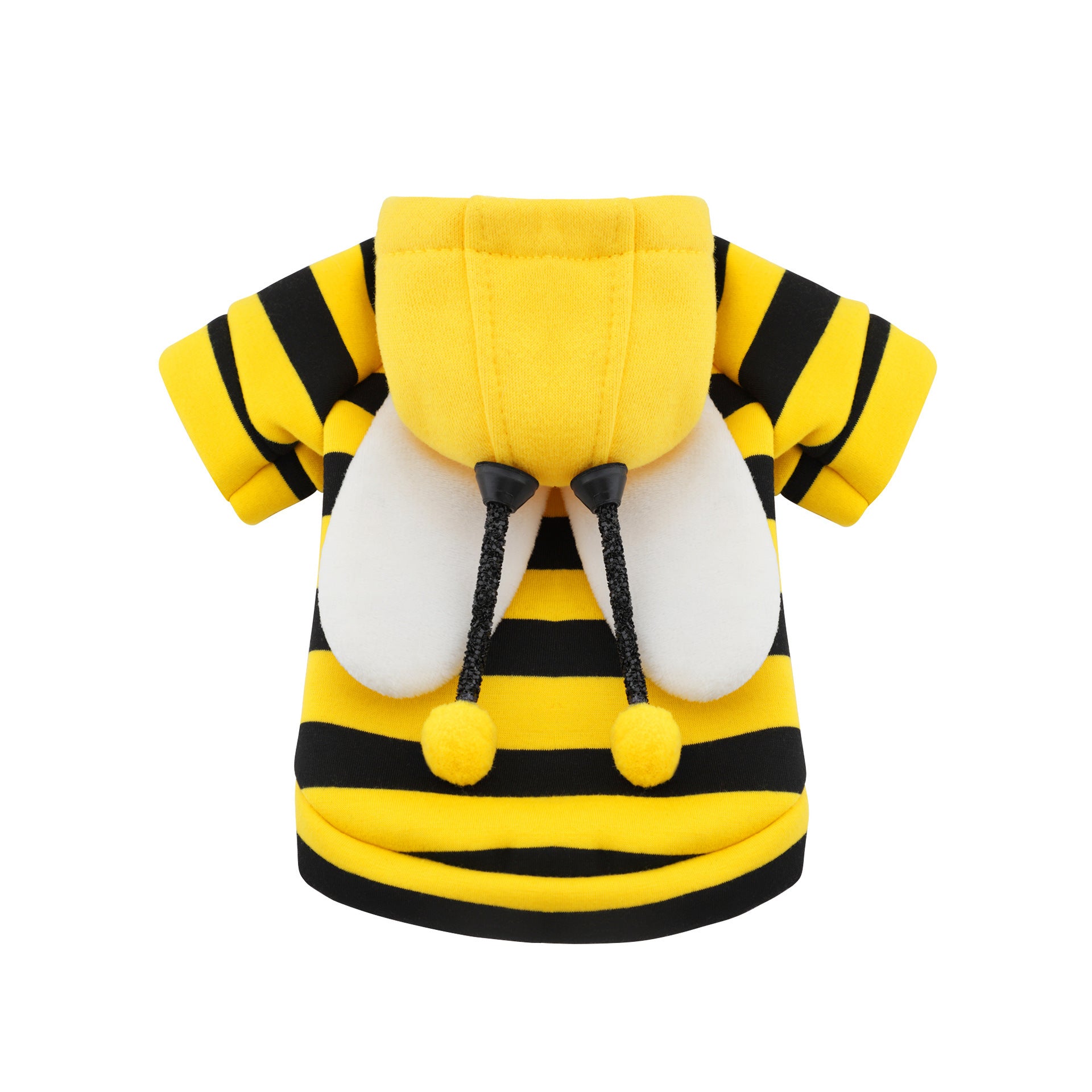 Sweater fleece pour chien petit avec capuche en motif abeille noir et jaune, design amusant et confortable.