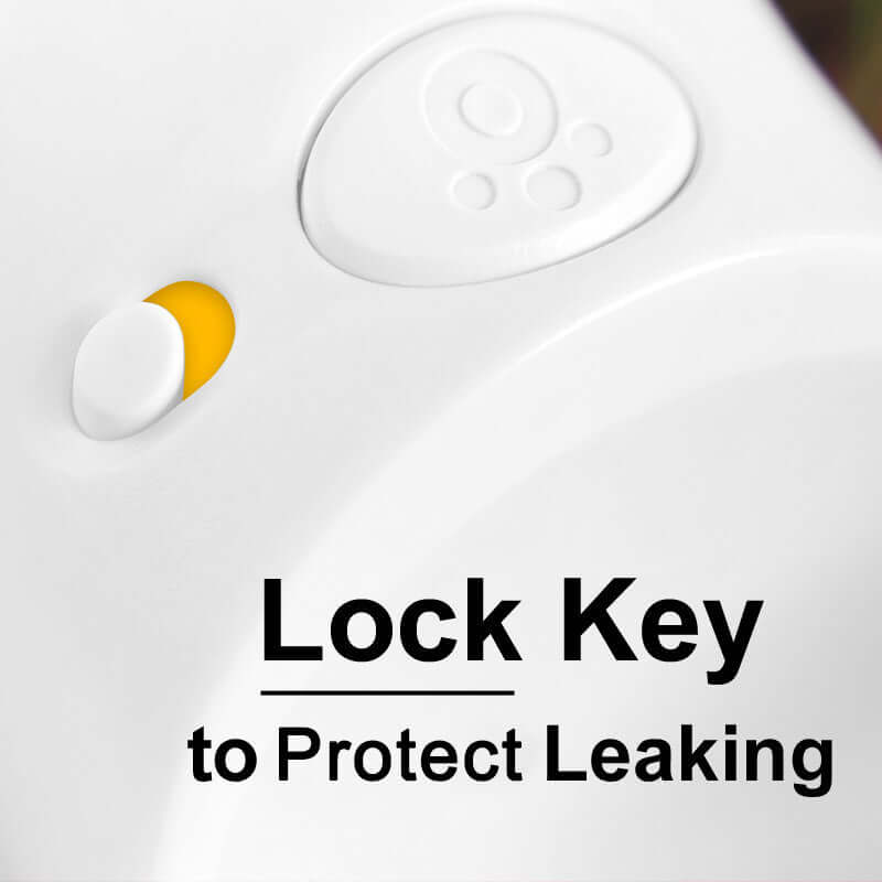 Close-up of the lock key feature designed to prevent leaking on a portable pet water bottle.