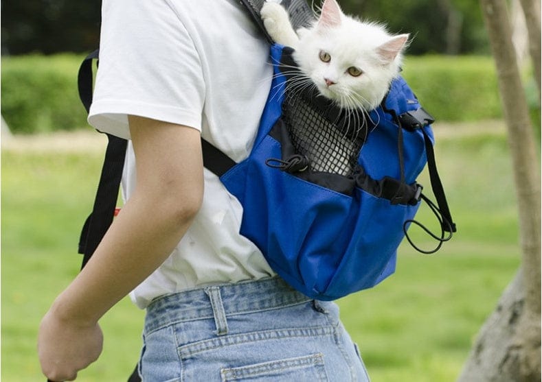 Sac à dos ventilé bleu avec un chat inséré, offrant confort et sécurité pour le transport des animaux.