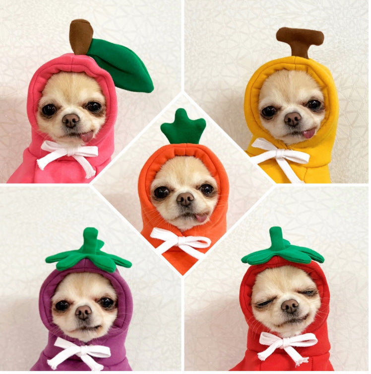 Chihuahua wearing colorful hooded fleece outfits resembling fruits and vegetables, perfect for fashionable pets.