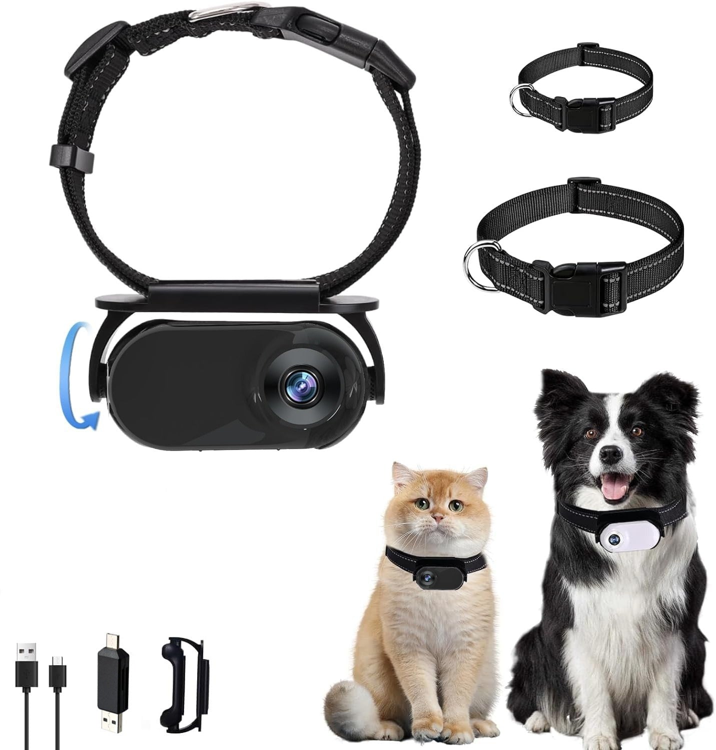 Caméra mini HD pour animaux avec collier, idéale pour chiens et chats, capteur compact et léger.