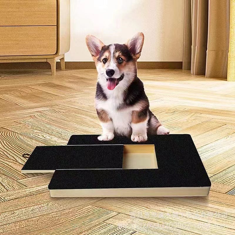 Planche à ongles en bois pour chien avec un Corgi sur un sol en bois, idéale pour le soin des animaux.