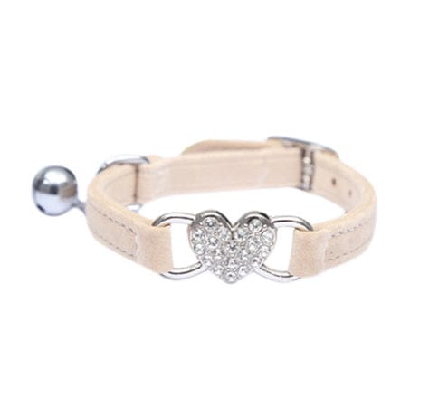 Collier pour chien et chat en tissu plush avec cloche, décoration en forme de cœur en strass.