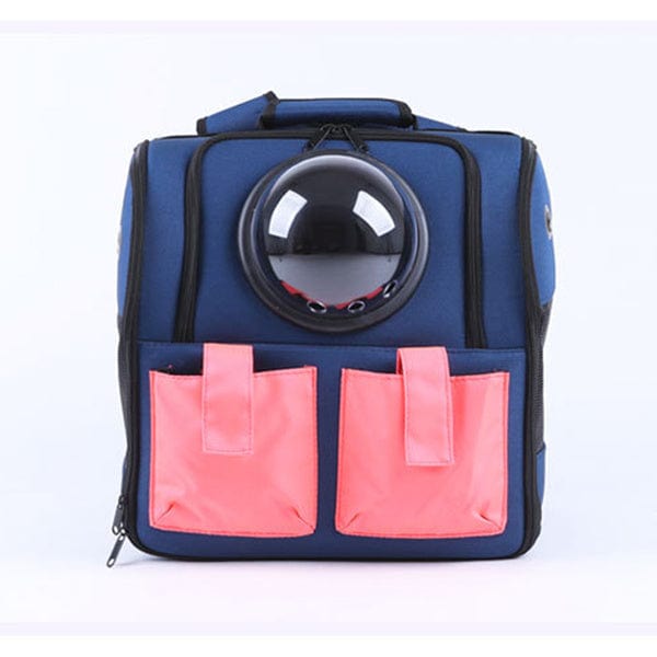 Sac à dos espace pour animaux de compagnie, coloris bleu avec pochettes rose, confort et sécurité pour vos animaux.