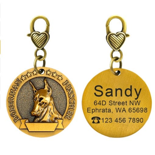Porte-Identité en bronze pour chien avec gravure personnalisée et logo Doberman.