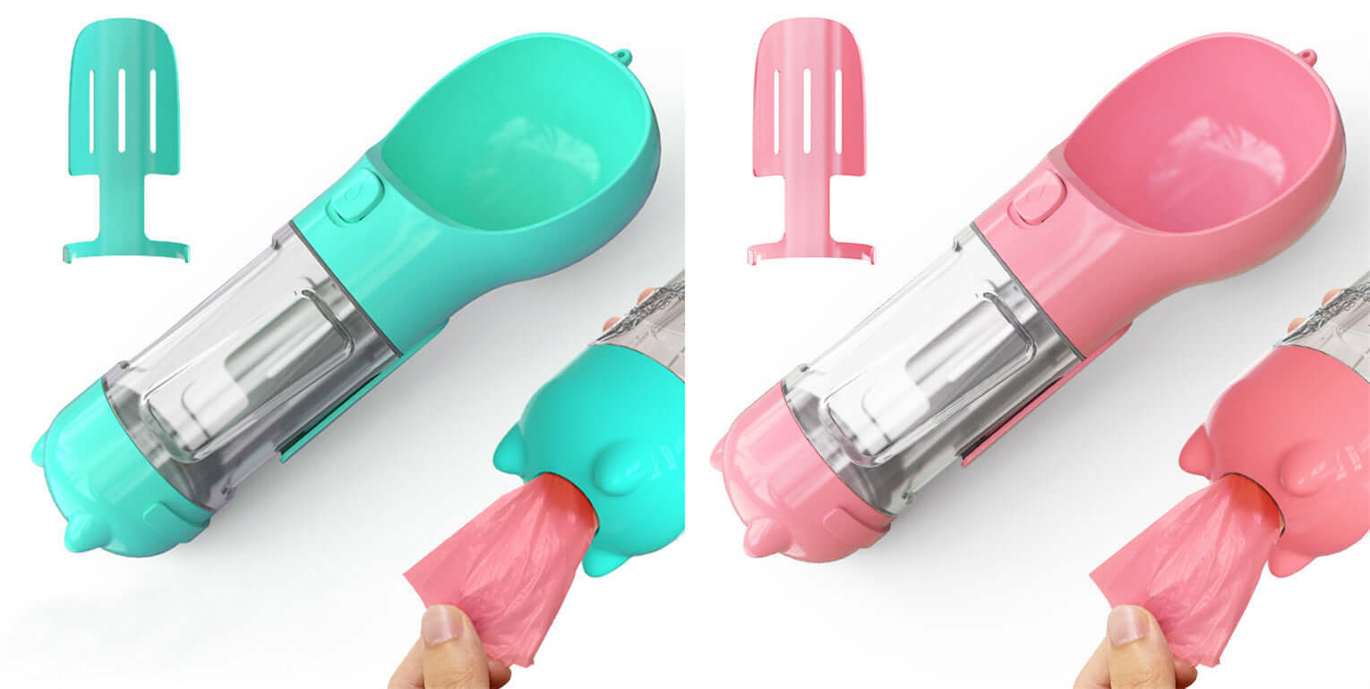 Bouteille d'eau portable 3 en 1 pour animaux en bleu et rose, idéale pour hydrater votre animal lors des sorties.