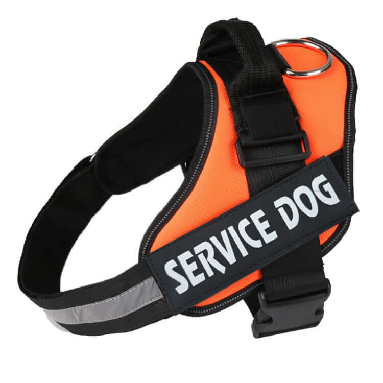 Strong nylon service dog harness with reflective strip, stainless steel ring and adjustable fit for safety and control.
