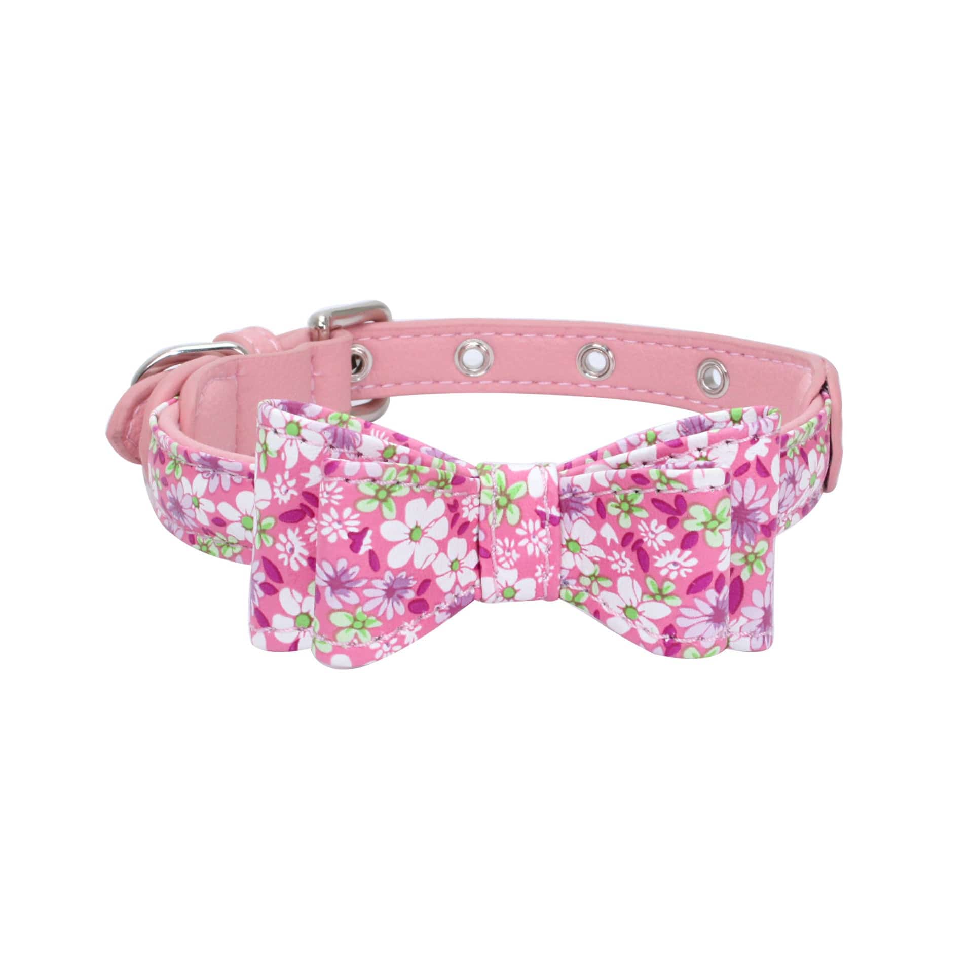 Collier en cuir rose à motifs floraux avec nœud papillon pour animaux de compagnie, idéal pour un look élégant.