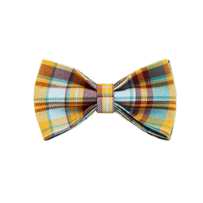 Nœud papillon à carreaux jaune et bleu, accessoire élégant pour collier de chien ou chat.