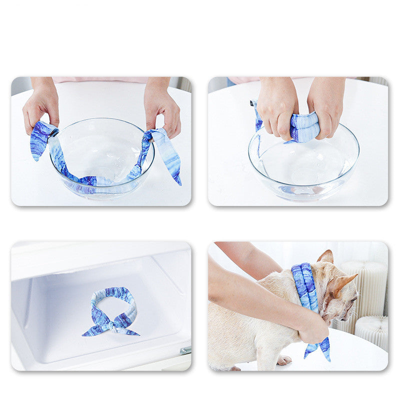 Instructions for cooling scarf for pets: dip in water, wring out, chill, and place on dog for heat relief.