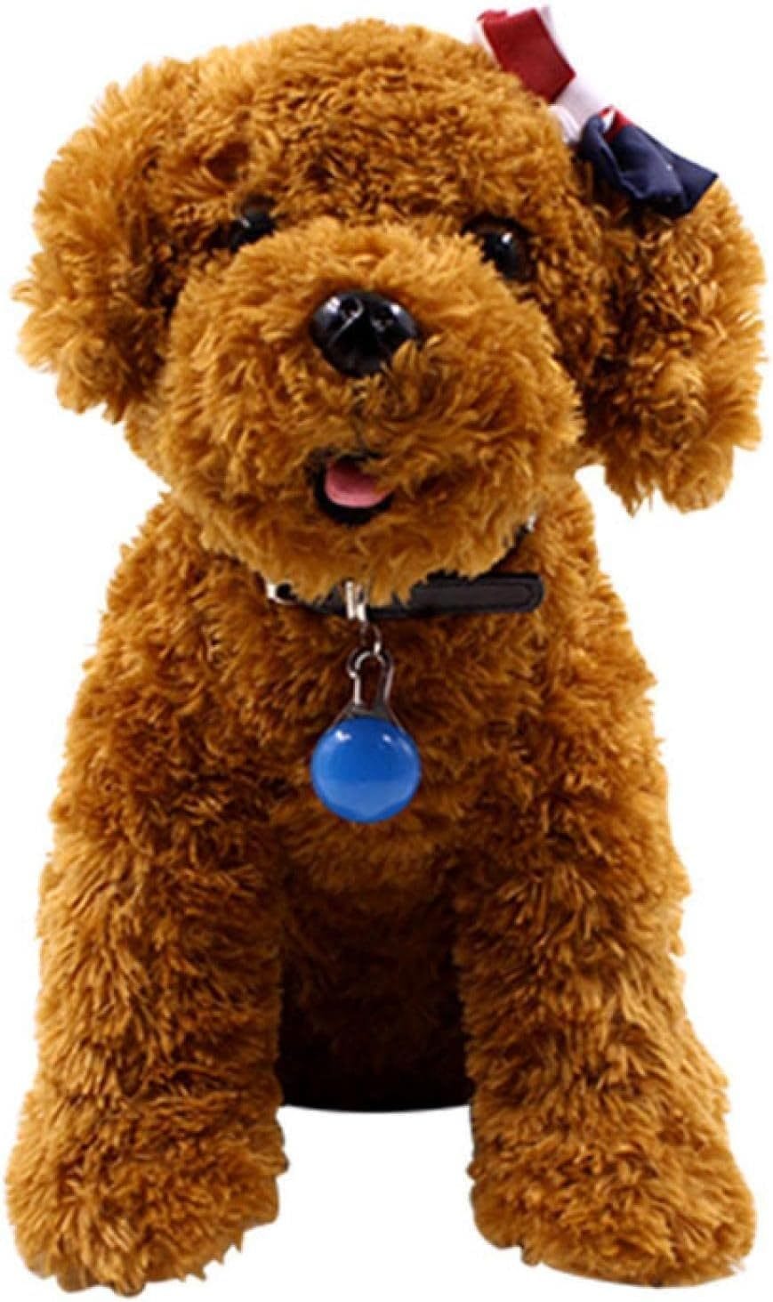 Jouet en peluche de chien avec un collier et une cloche bleue, parfait pour le jeu et l'interaction avec les animaux.