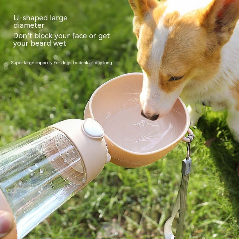 Bouteille d'eau portable pour chien avec bol, idéale pour hydrater votre animal en randonnée ou promenade.
