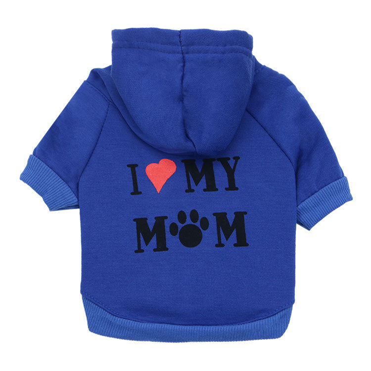 Pull bleu pour chien avec capuche et inscription 'I ❤️ MY MOM', idéal pour un look stylé et confortable.