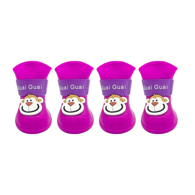 Bottes en silicone pour animaux, étanches et antidérapantes, couleur violette avec motif de singe.