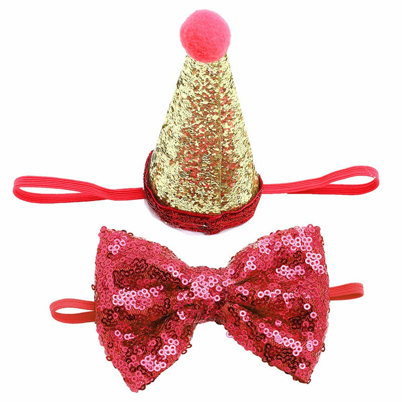 Nœud papillon en sequins rose et chapeau de fête doré pour animaux de compagnie, accessoires chic pour chiens.