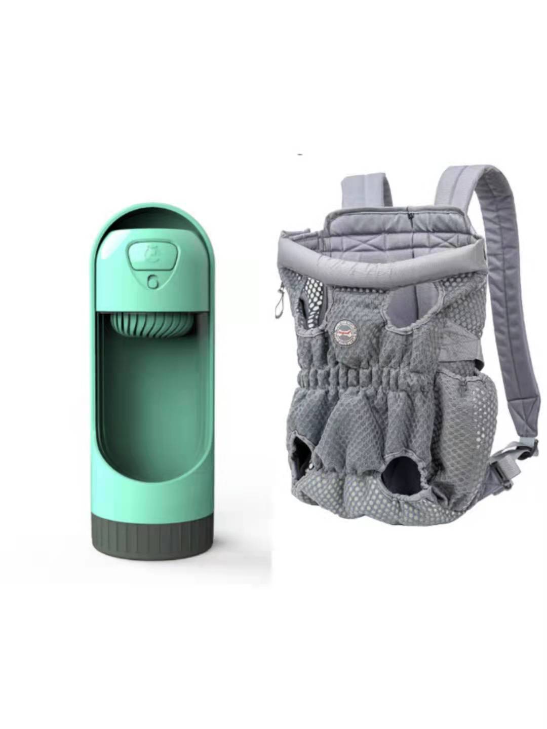 Sac à dos porte animal de compagnie respirant avec un distributeur d'eau intégré, couleur gris et vert.
