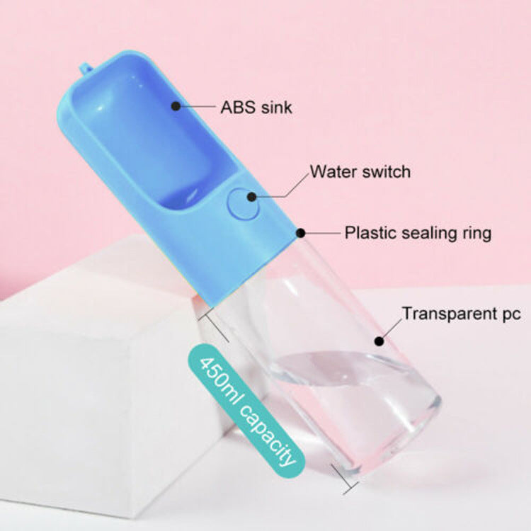 Fontaine à eau portable pour animaux, capacité 450ml, plastique transparent, interrupteur d'eau et anneau d'étanchéité.