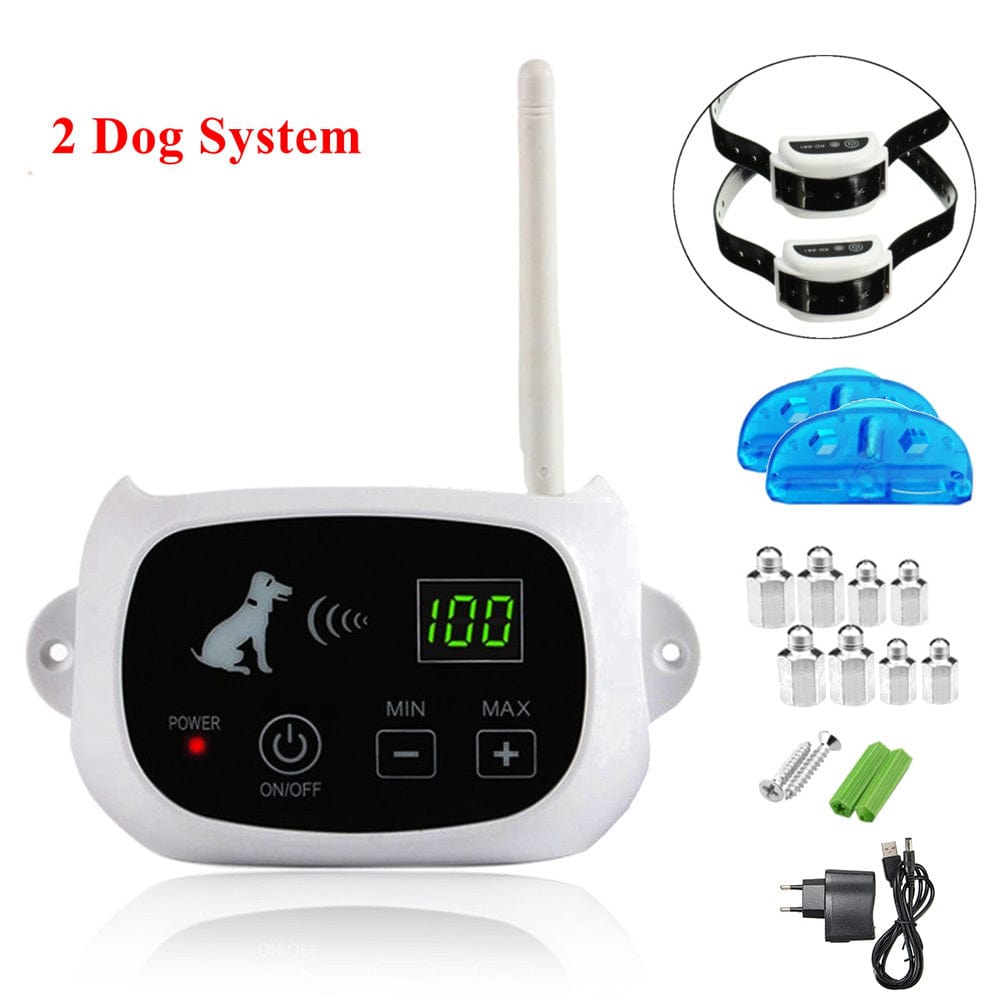 Système de clôture électronique sans fil pour 2 chiens, avec colliers, accessoires et écran de contrôle.