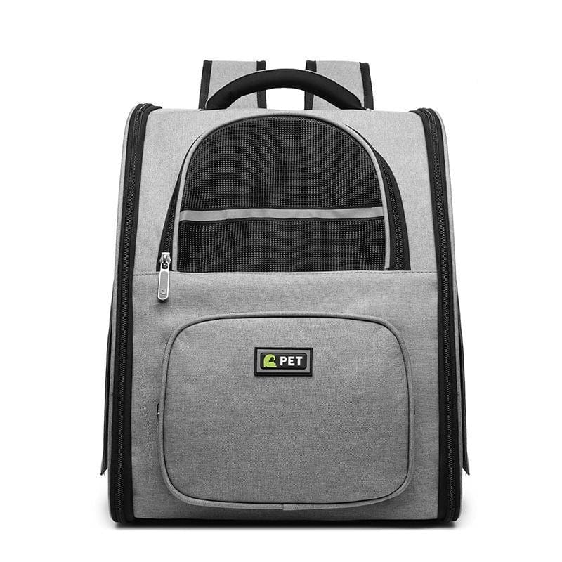 Sac à dos pour animaux de compagnie en tissu gris, idéal pour voyages et balades avec des animaux de moins de 13 kg.