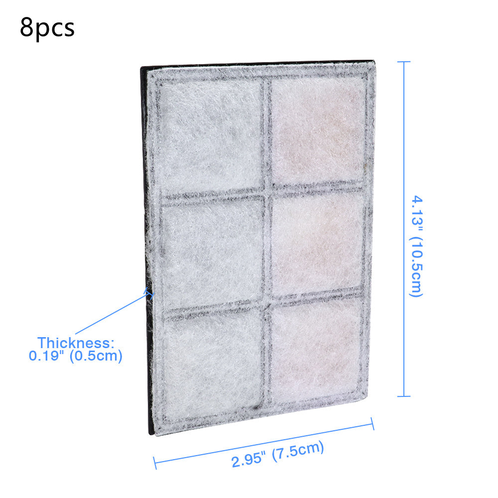Pack of 8 replacement filters for pet fountain, dimensions 4.13"x2.95", thickness 0.19" for efficient water purification.