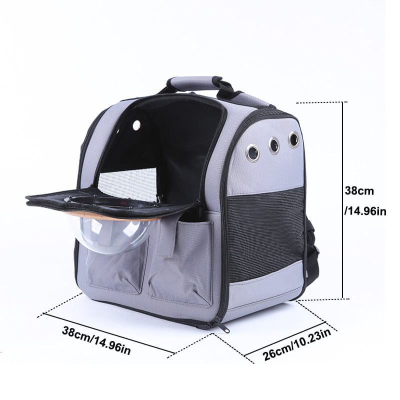 Sac à dos pour animaux de compagnie en PVC et tissu Oxford, avec dimensions et patin pour confort.