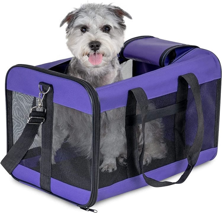 Sac de Transport pour Animaux en toile Oxford, léger, avec un chien gris à l'intérieur, couleur violette.