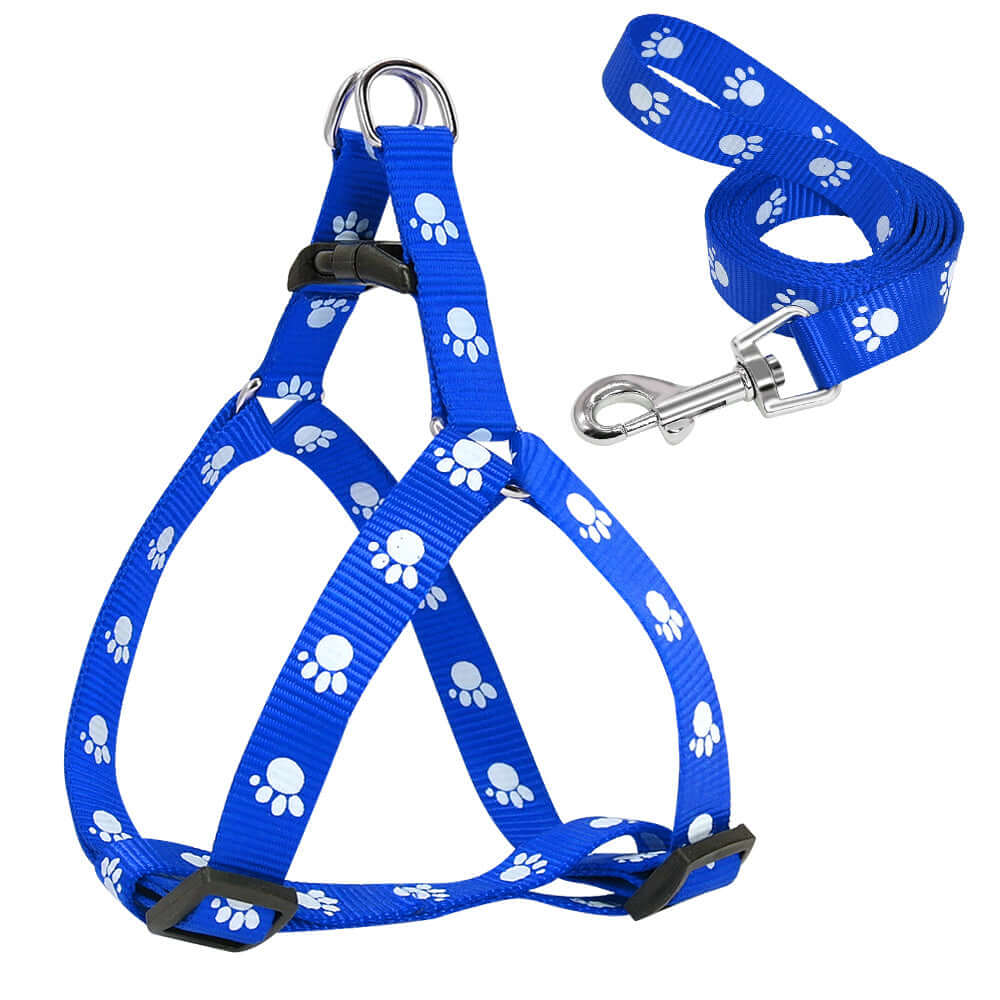 Laisse pour chien imprimée avec harnais ajustable bleu et motifs de pattes blanches, idéale pour petits chiens.