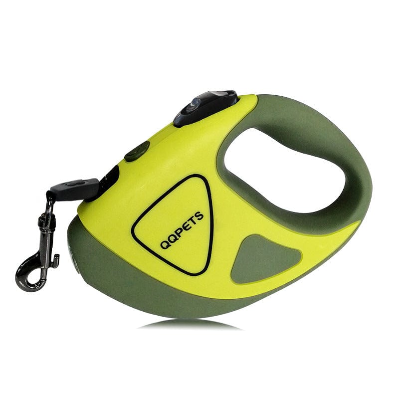Laisse rétractable automatique pour chien avec lumière LED de sécurité, couleur verte et jaune.