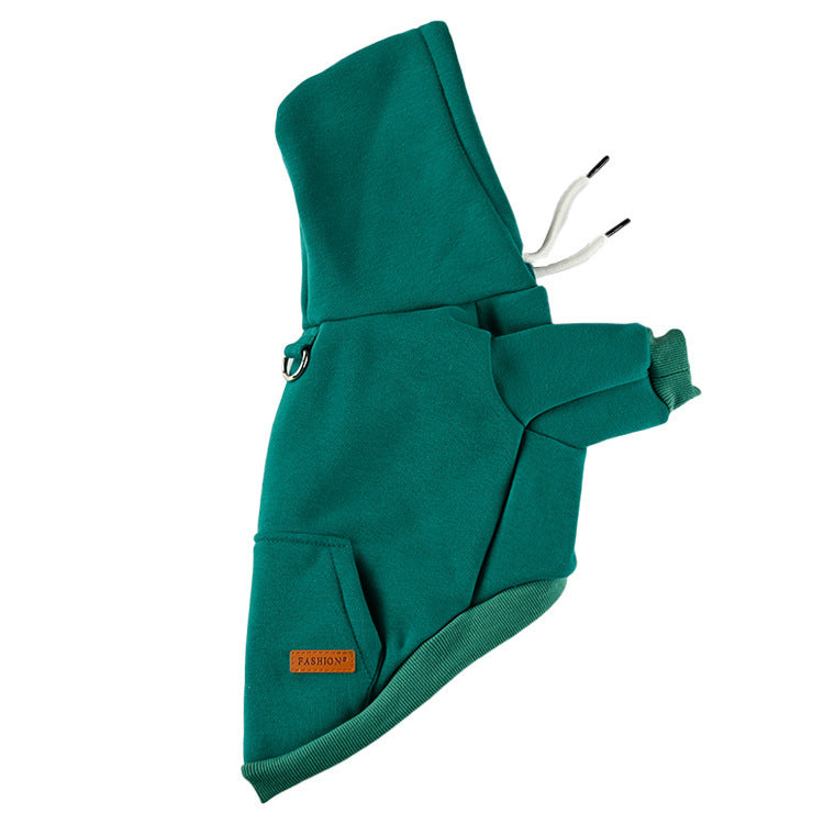 Sweat à capuche en coton vert pour chien avec poche et cordon, style chic et décontracté.