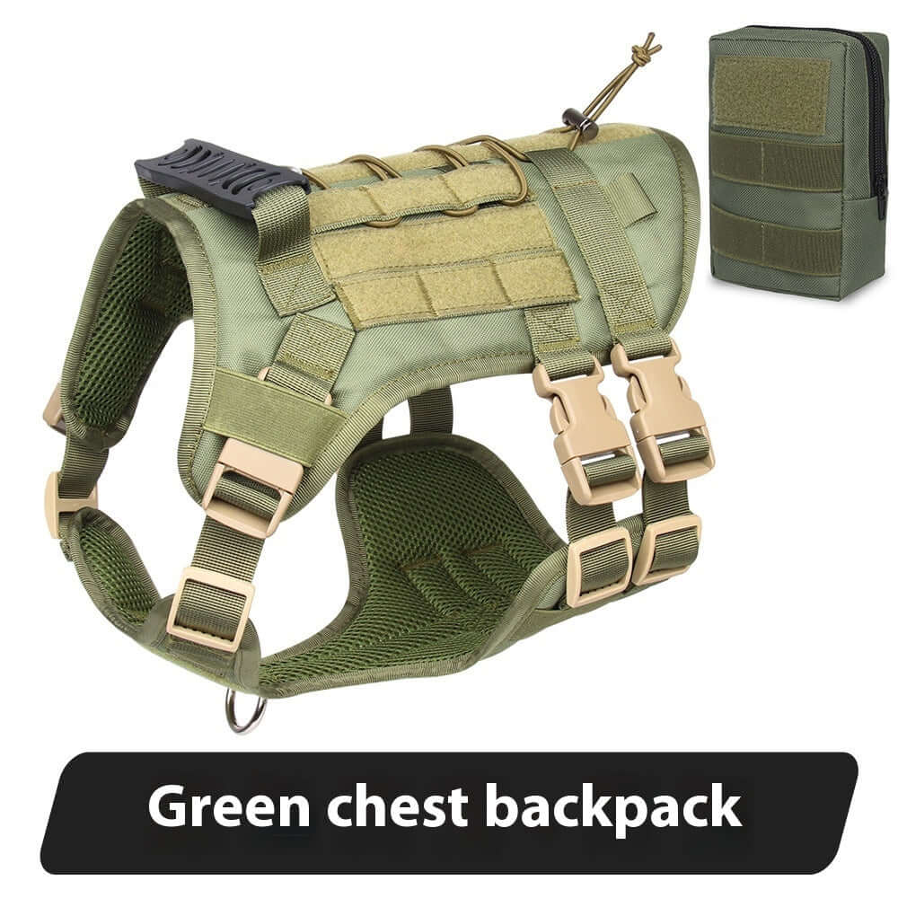 Gilet Oxford vert pour chien avec harnais de poitrine et compartiment de rangement.